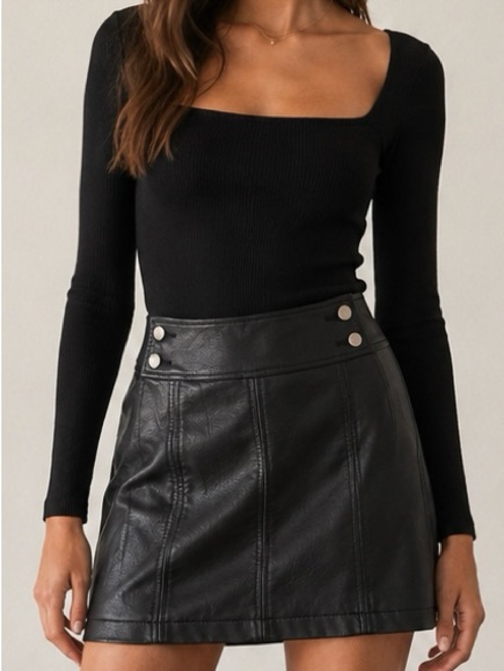 Free People Black Faux Leather Mini Skirt High Waist Button Detail Size 0